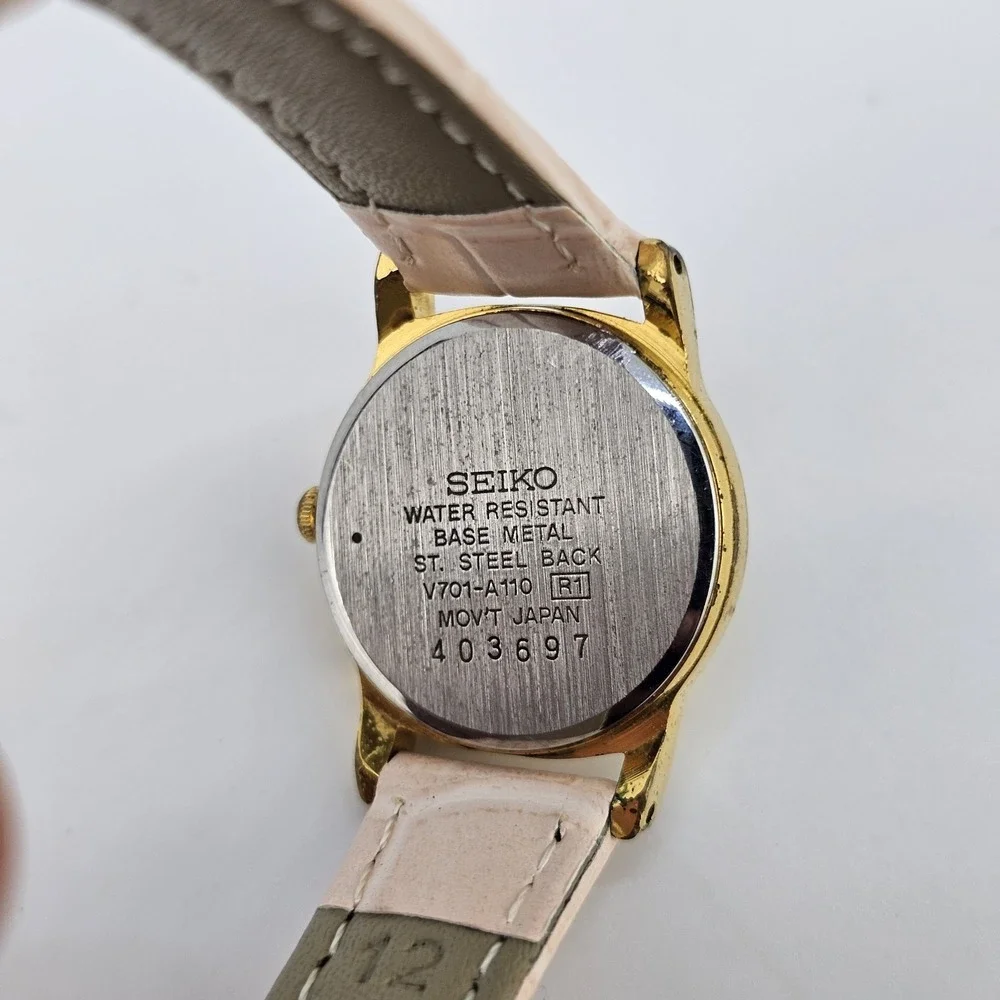 VTG Seiko Women Watch 22MM Cream Dial NEW Pink Leather Bands Battery Up to‎ 6.5